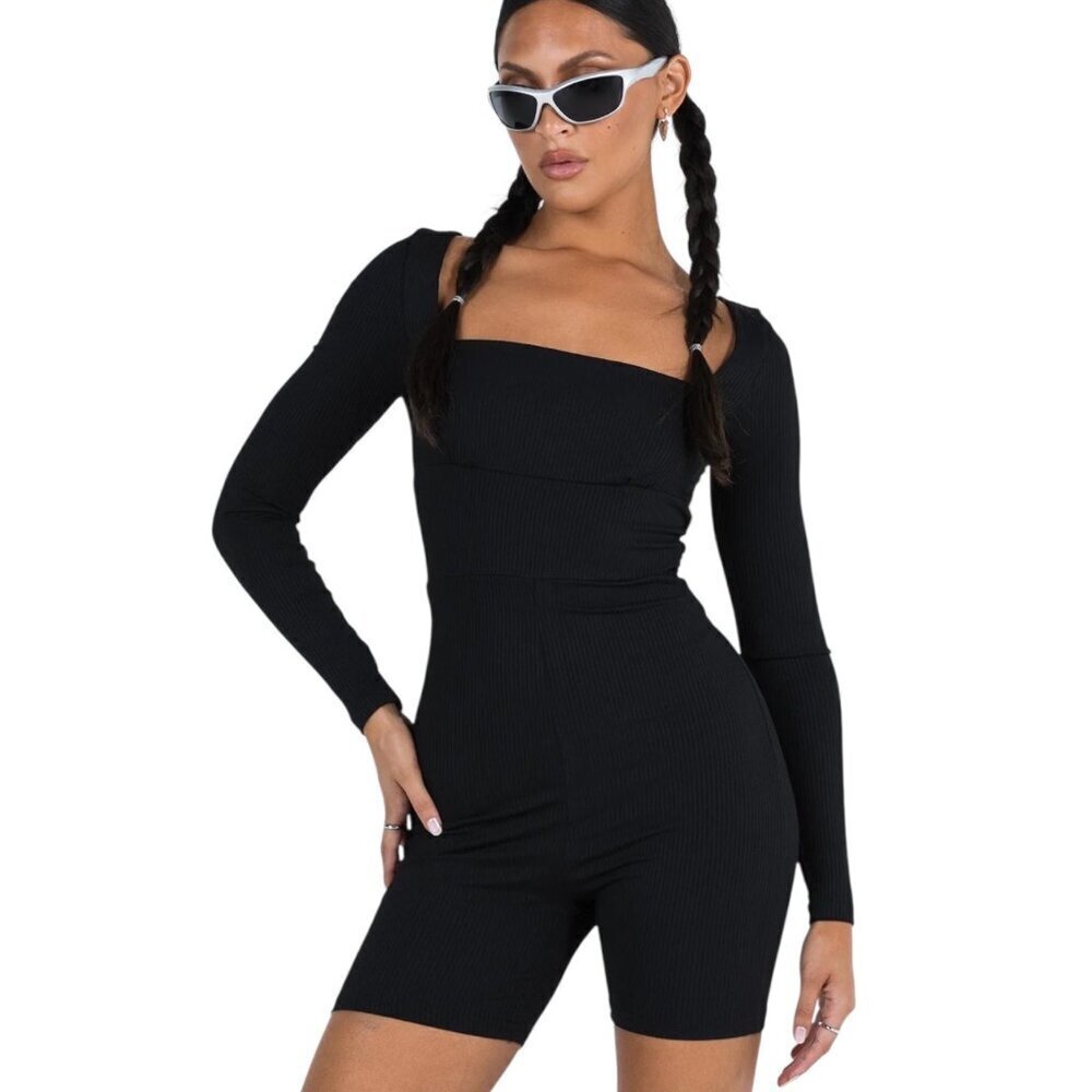 Princess Polly Black Ribbed Sara Playsuit Romper, Square Neck US 18